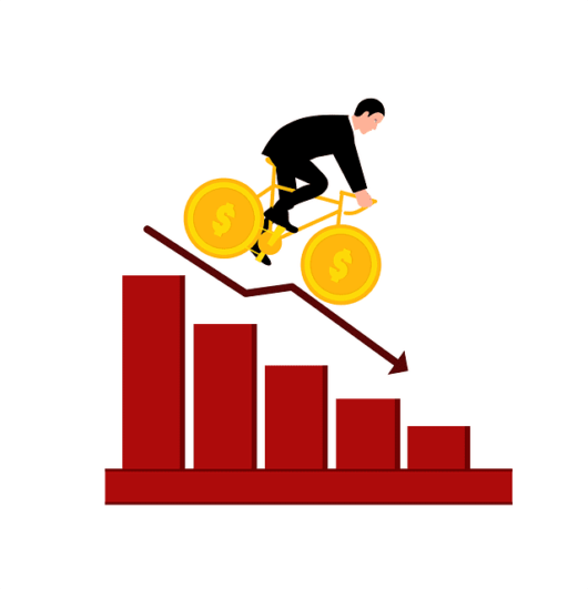 경제 외부성과 시장 실패의 경제학 - 통계좌표가 보이고 사람이 타고 있는 자전거가 아래로 나려가고 있는 이미지.